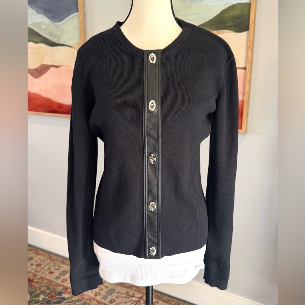AK Anne Klein Black Cardigan with Leather Accent